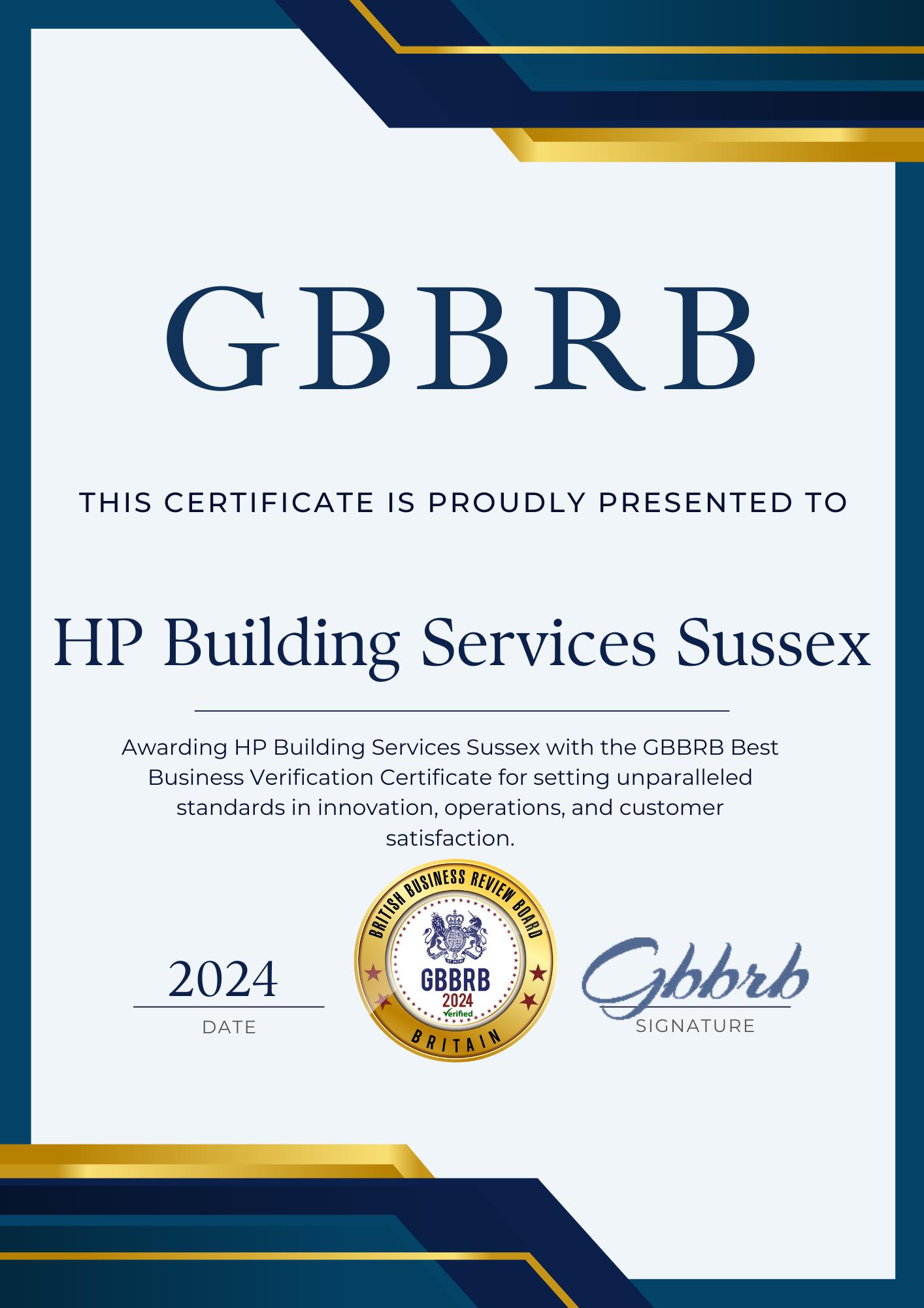GBBRB Best Business Verification Certificate 2024 awarded to HP Building Services Sussex